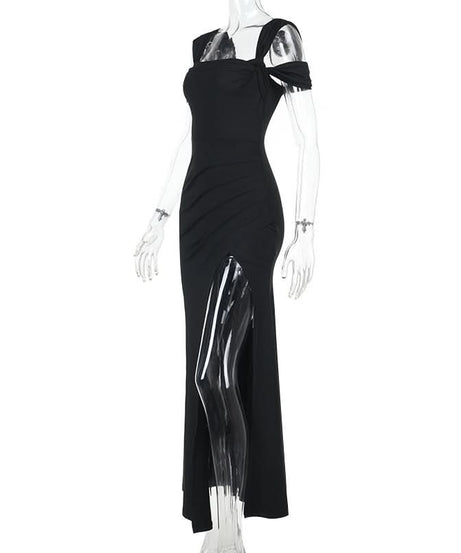 Glamorous Black Off-Shoulder High Slit Maxi Dress - Fall & Holiday Party Essential