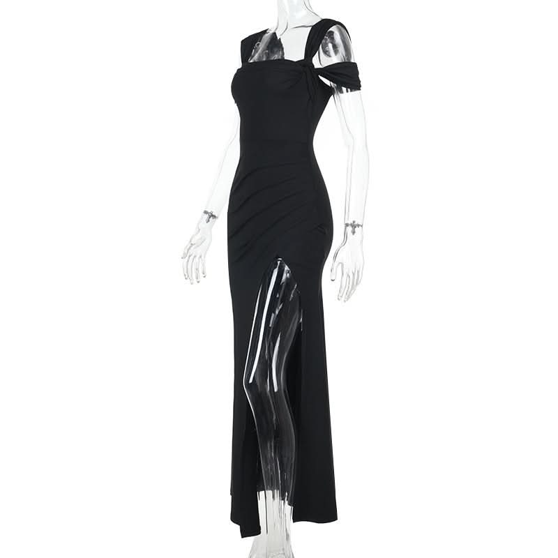 Glamorous Black Off-Shoulder High Slit Maxi Dress - Fall & Holiday Party Essential