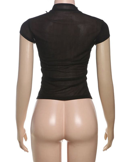 Black Sheer Mock Neck Top with Edgy Floral Appliques – Fall Evening & Halloween Chic