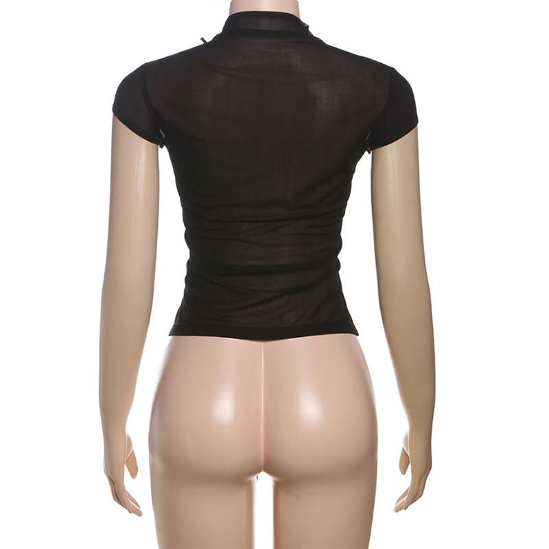 Black Sheer Mock Neck Top with Edgy Floral Appliques – Fall Evening & Halloween Chic