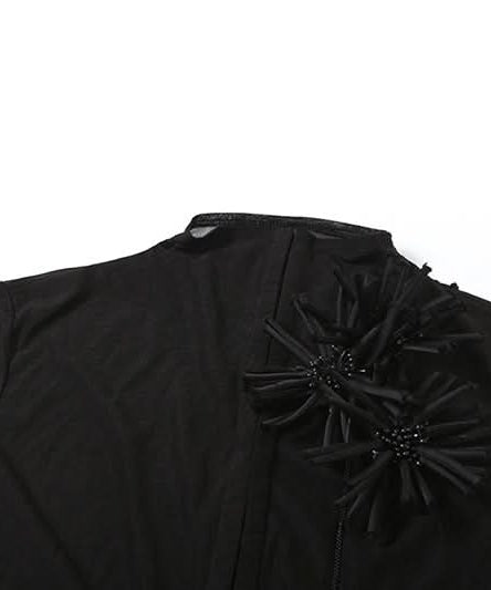 Black Sheer Mock Neck Top with Edgy Floral Appliques – Fall Evening & Halloween Chic