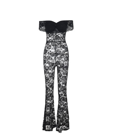 Sultry Black Lace Off-Shoulder Flare Jumpsuit - Halloween & Holiday Party Ready