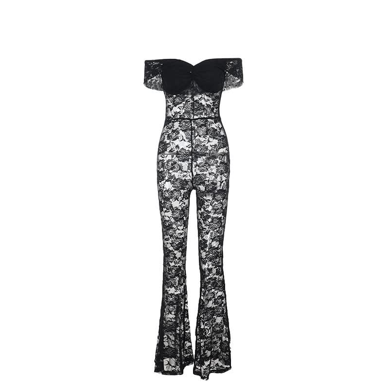 Sultry Black Lace Off-Shoulder Flare Jumpsuit - Halloween & Holiday Party Ready