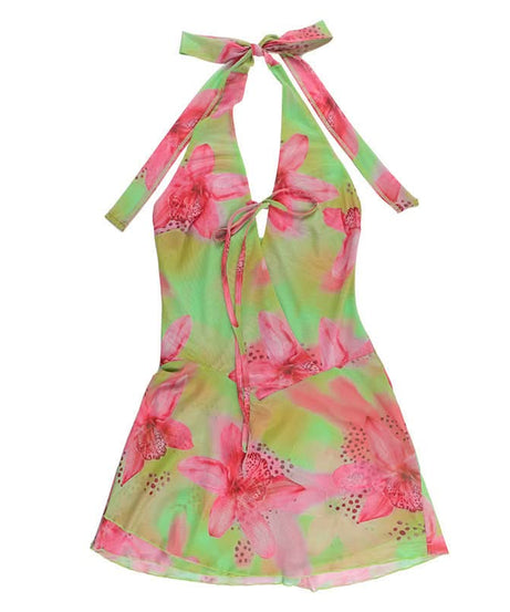 Vibrant Y2K Floral Halter Mini Dress - Tropical Pink & Green Tie-Front for Your Next Getaway