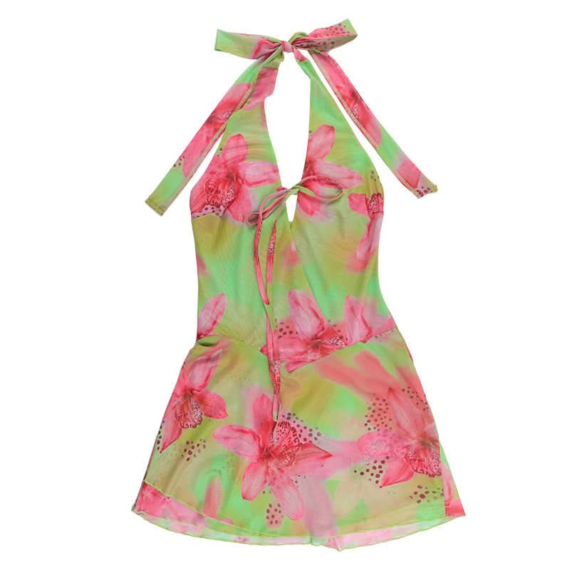 Vibrant Y2K Floral Halter Mini Dress - Tropical Pink & Green Tie-Front for Your Next Getaway