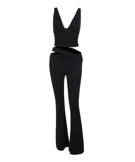 Fall & Holiday Ready: Black V-Neck Crop Top & Asymmetric Cut-Out Flared Pant Set