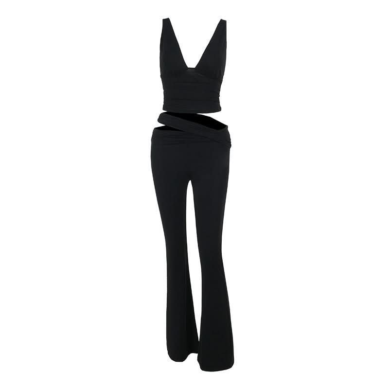 Fall & Holiday Ready: Black V-Neck Crop Top & Asymmetric Cut-Out Flared Pant Set