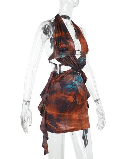 Autumn Aura Halter Cutout Mini Dress - Earthy Teal Abstract Print for Fall Nights Out