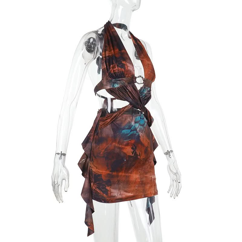 Autumn Aura Halter Cutout Mini Dress - Earthy Teal Abstract Print for Fall Nights Out