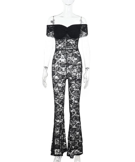 Sultry Black Lace Off-Shoulder Flare Jumpsuit - Halloween & Holiday Party Ready