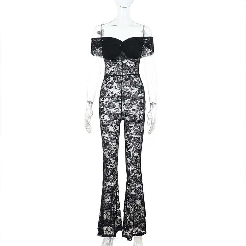 Sultry Black Lace Off-Shoulder Flare Jumpsuit - Halloween & Holiday Party Ready