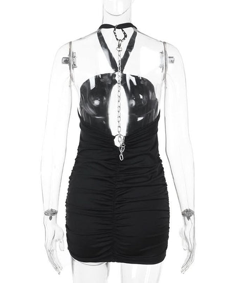 Sultry Halter Chain Cutout Ruched Mini Dress – Your Go-To Black Party Dress for Fall Nights