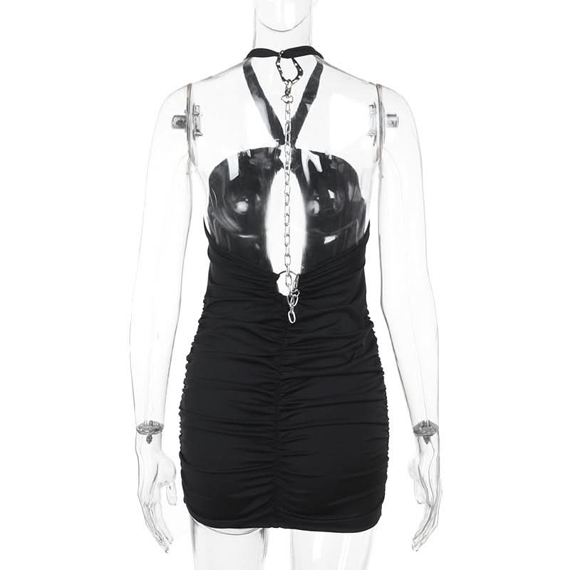 Sultry Halter Chain Cutout Ruched Mini Dress – Your Go-To Black Party Dress for Fall Nights