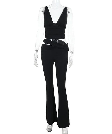 Fall & Holiday Ready: Black V-Neck Crop Top & Asymmetric Cut-Out Flared Pant Set