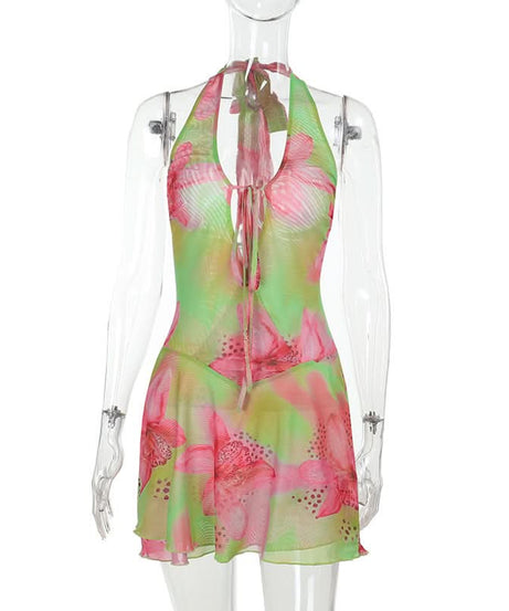 Vibrant Y2K Floral Halter Mini Dress - Tropical Pink & Green Tie-Front for Your Next Getaway