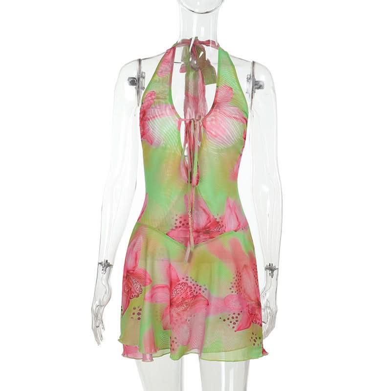 Vibrant Y2K Floral Halter Mini Dress - Tropical Pink & Green Tie-Front for Your Next Getaway
