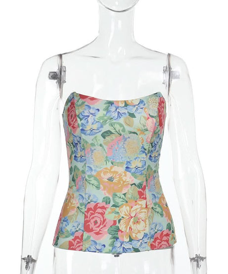 Vibrant Fall Bloom Backless Tube Top | Chic Floral Strapless for Effortless American Style
