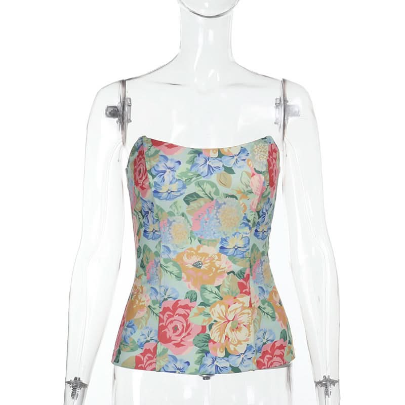 Vibrant Fall Bloom Backless Tube Top | Chic Floral Strapless for Effortless American Style