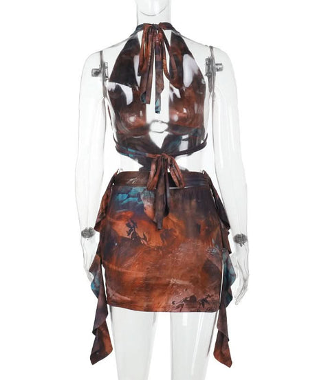 Autumn Aura Halter Cutout Mini Dress - Earthy Teal Abstract Print for Fall Nights Out