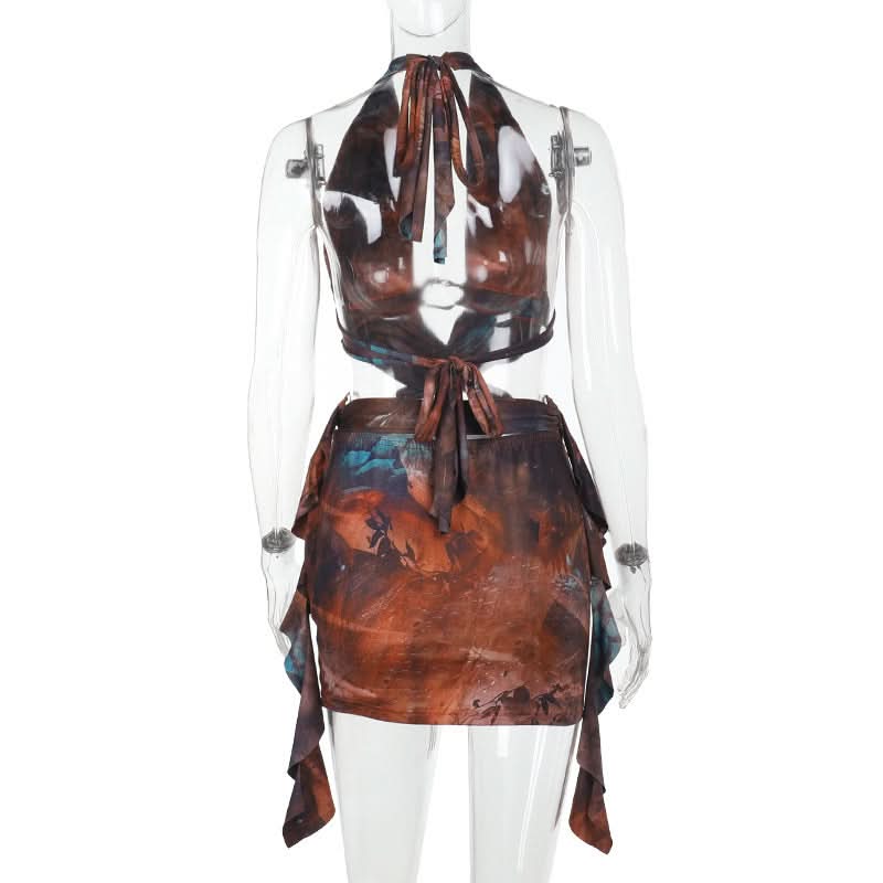 Autumn Aura Halter Cutout Mini Dress - Earthy Teal Abstract Print for Fall Nights Out