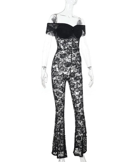 Sultry Black Lace Off-Shoulder Flare Jumpsuit - Halloween & Holiday Party Ready