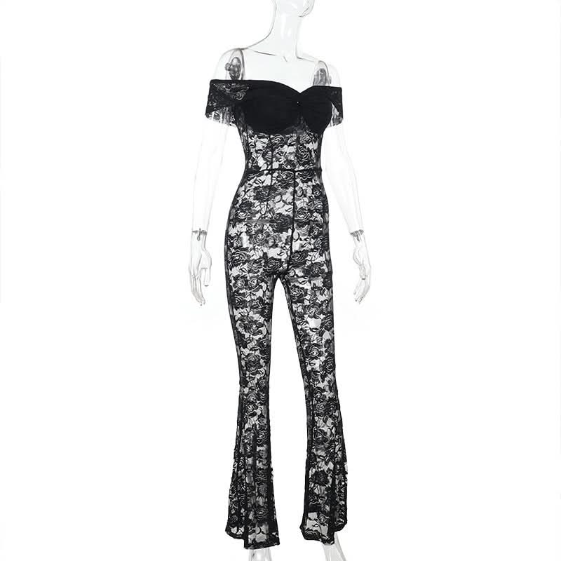 Sultry Black Lace Off-Shoulder Flare Jumpsuit - Halloween & Holiday Party Ready