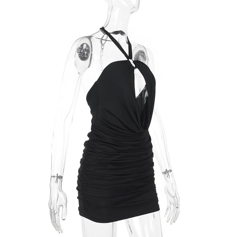Sultry Halter Chain Cutout Ruched Mini Dress – Your Go-To Black Party Dress for Fall Nights