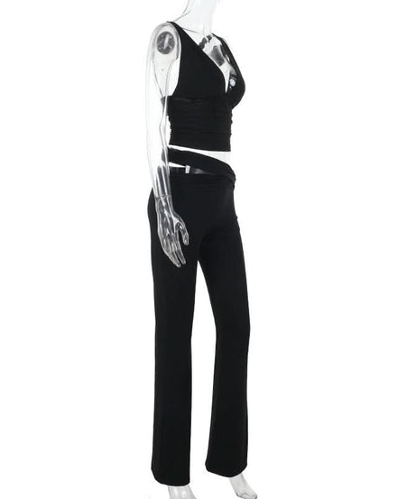 Fall & Holiday Ready: Black V-Neck Crop Top & Asymmetric Cut-Out Flared Pant Set