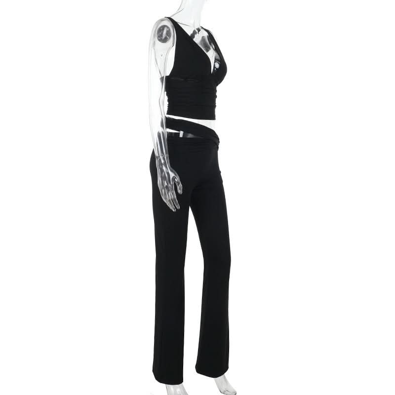 Fall & Holiday Ready: Black V-Neck Crop Top & Asymmetric Cut-Out Flared Pant Set