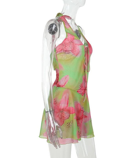 Vibrant Y2K Floral Halter Mini Dress - Tropical Pink & Green Tie-Front for Your Next Getaway