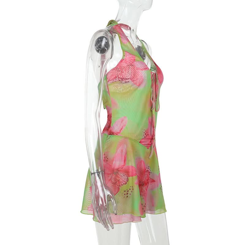 Vibrant Y2K Floral Halter Mini Dress - Tropical Pink & Green Tie-Front for Your Next Getaway