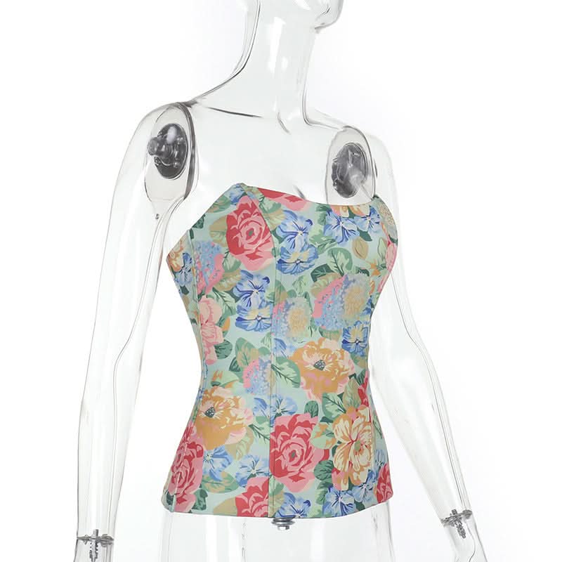 Vibrant Fall Bloom Backless Tube Top | Chic Floral Strapless for Effortless American Style