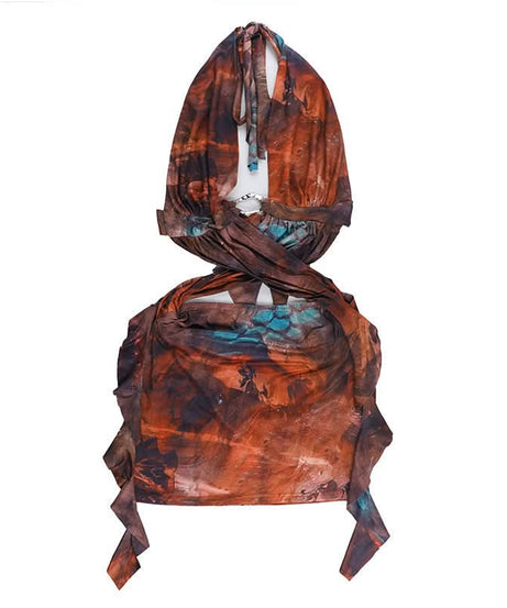 Autumn Aura Halter Cutout Mini Dress - Earthy Teal Abstract Print for Fall Nights Out