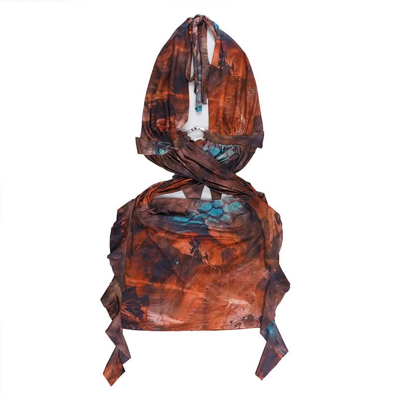 Autumn Aura Halter Cutout Mini Dress - Earthy Teal Abstract Print for Fall Nights Out