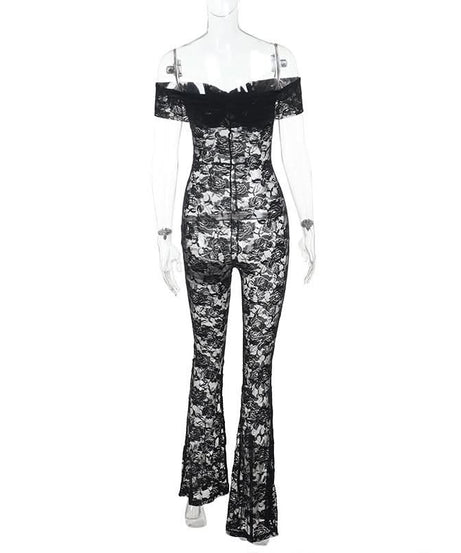 Sultry Black Lace Off-Shoulder Flare Jumpsuit - Halloween & Holiday Party Ready