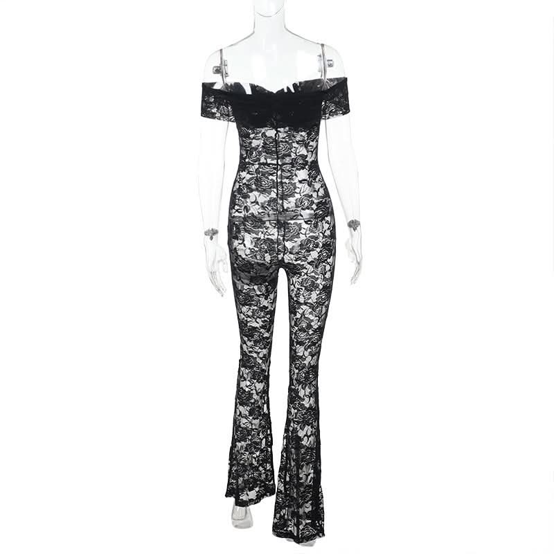 Sultry Black Lace Off-Shoulder Flare Jumpsuit - Halloween & Holiday Party Ready
