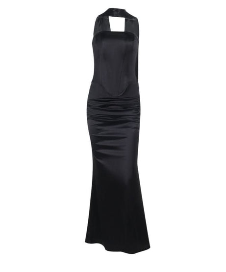 Luxurious Black Satin Halter Corset Top & Ruched Maxi Skirt Set – Holiday Gala & NYE Ready