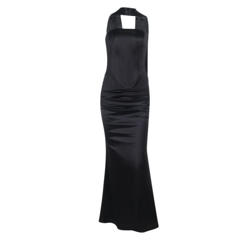 Luxurious Black Satin Halter Corset Top & Ruched Maxi Skirt Set – Holiday Gala & NYE Ready