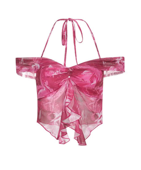 Vibrant Y2K Pink Floral Ruffle Halter Crop Top - Off-Shoulder Statement Blouse