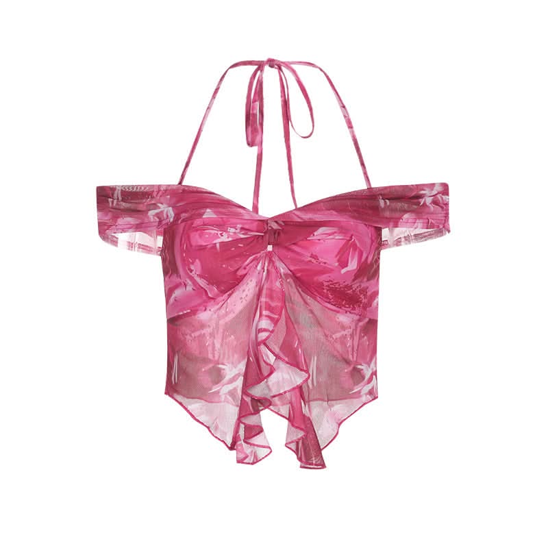 Vibrant Y2K Pink Floral Ruffle Halter Crop Top - Off-Shoulder Statement Blouse