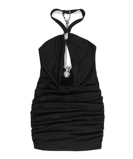 Sultry Halter Chain Cutout Ruched Mini Dress – Your Go-To Black Party Dress for Fall Nights