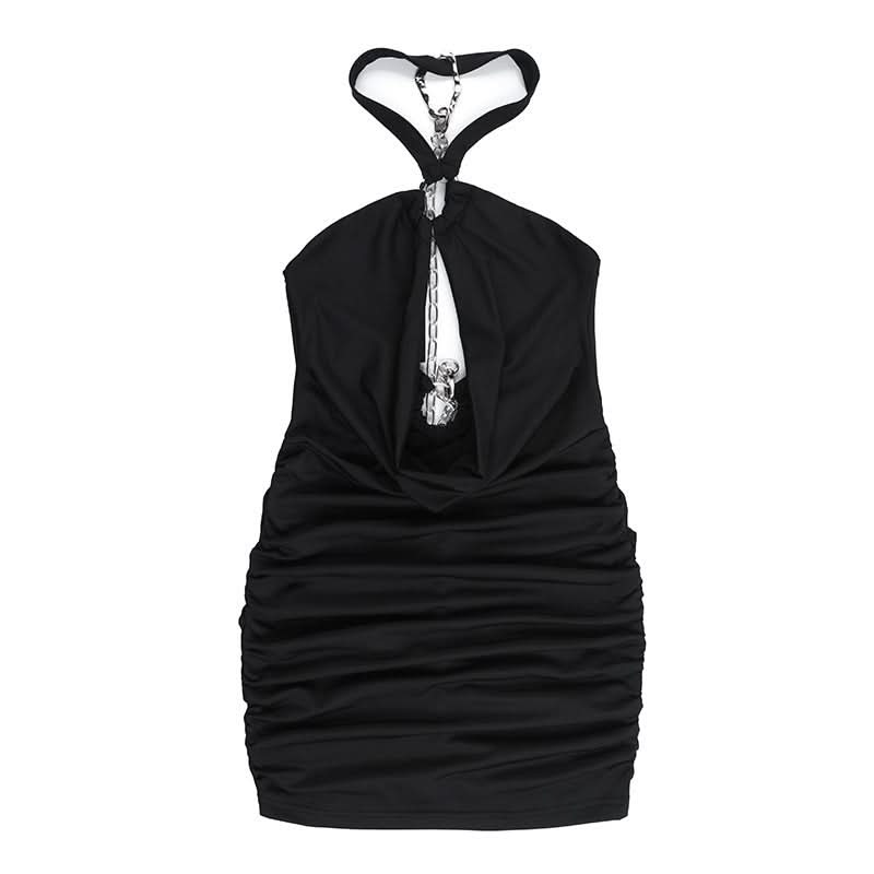 Sultry Halter Chain Cutout Ruched Mini Dress – Your Go-To Black Party Dress for Fall Nights