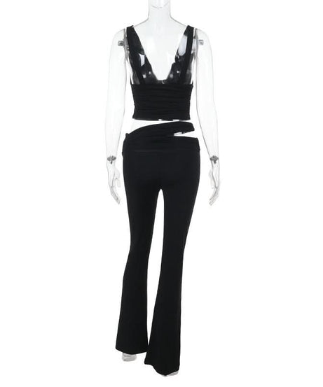 Fall & Holiday Ready: Black V-Neck Crop Top & Asymmetric Cut-Out Flared Pant Set