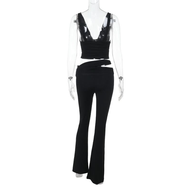 Fall & Holiday Ready: Black V-Neck Crop Top & Asymmetric Cut-Out Flared Pant Set