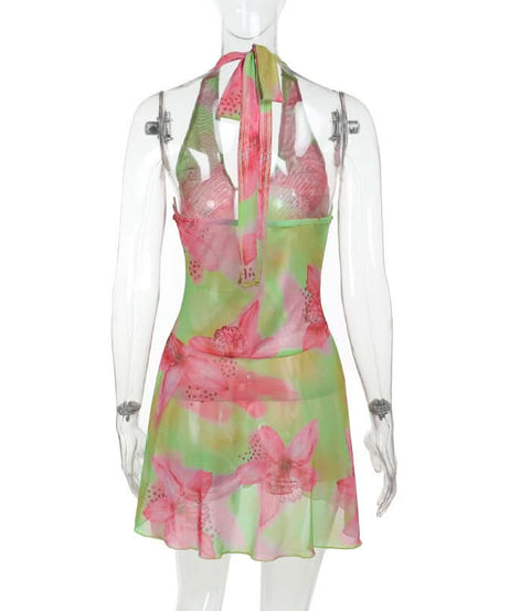 Vibrant Y2K Floral Halter Mini Dress - Tropical Pink & Green Tie-Front for Your Next Getaway
