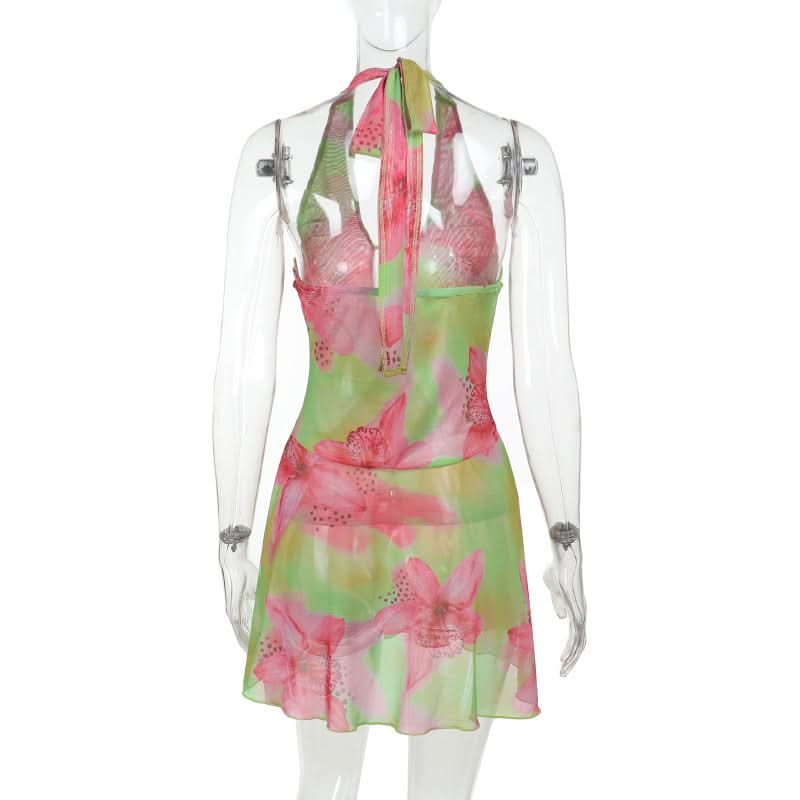 Vibrant Y2K Floral Halter Mini Dress - Tropical Pink & Green Tie-Front for Your Next Getaway