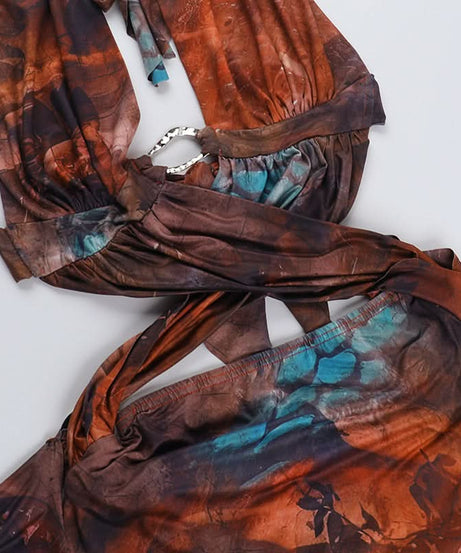 Autumn Aura Halter Cutout Mini Dress - Earthy Teal Abstract Print for Fall Nights Out