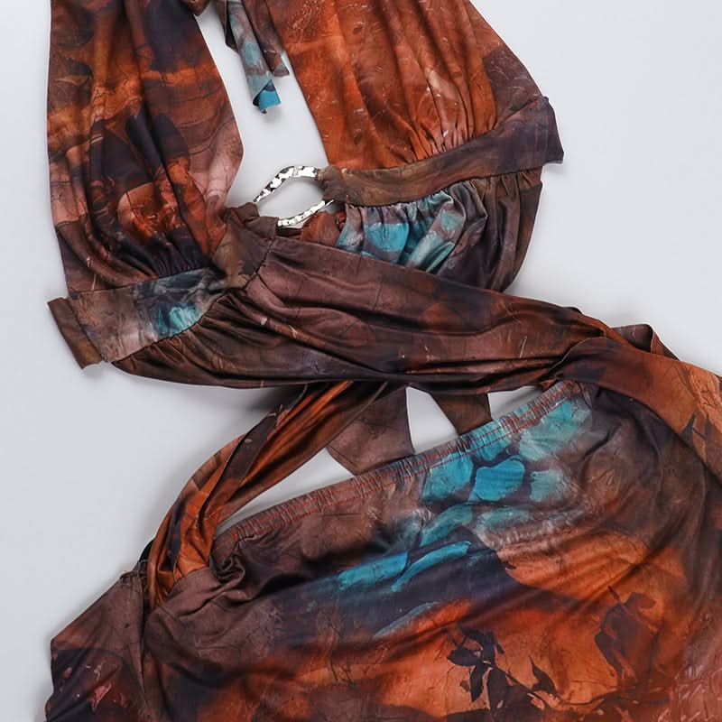 Autumn Aura Halter Cutout Mini Dress - Earthy Teal Abstract Print for Fall Nights Out