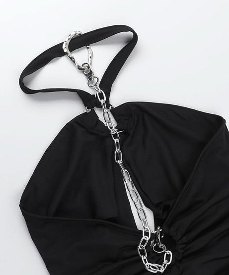 Sultry Halter Chain Cutout Ruched Mini Dress – Your Go-To Black Party Dress for Fall Nights