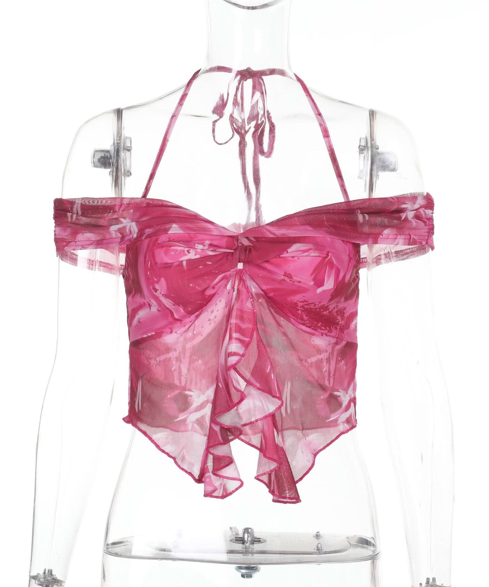 Vibrant Y2K Pink Floral Ruffle Halter Crop Top - Off-Shoulder Statement Blouse